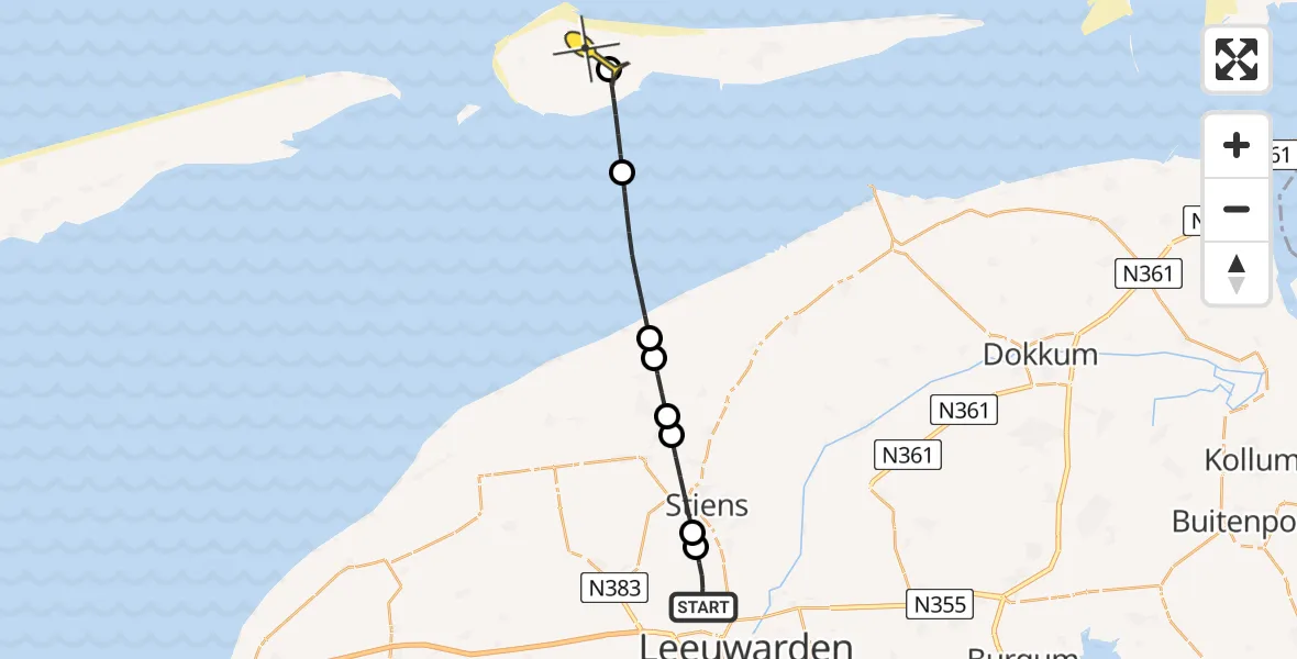 Routekaart van de vlucht: Ambulanceheli naar Ameland Airport Ballum, Koarnjumer Feart