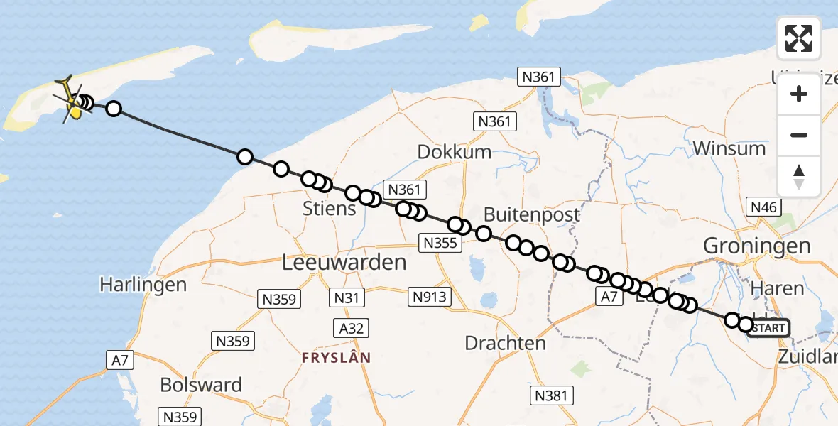 Routekaart van de vlucht: Lifeliner 4 naar Midsland, Molenweg