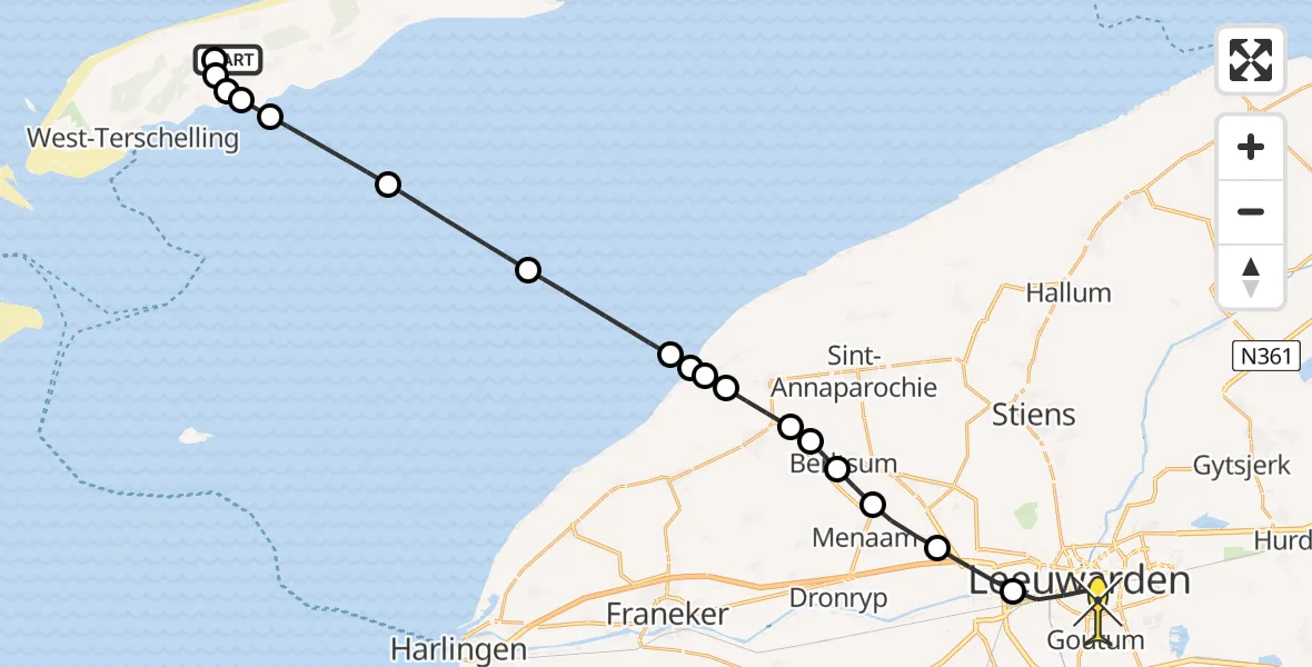 Routekaart van de vlucht: Ambulanceheli naar Leeuwarden, Koreabos