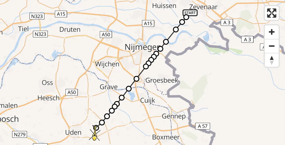 Routekaart van de vlucht: Lifeliner 3 naar Vliegbasis Volkel, de Rijnstrangen