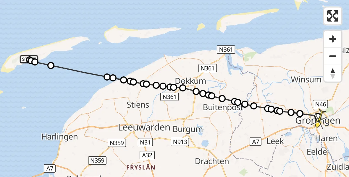 Routekaart van de vlucht: Lifeliner 4 naar Universitair Medisch Centrum Groningen, Tuintjesweg