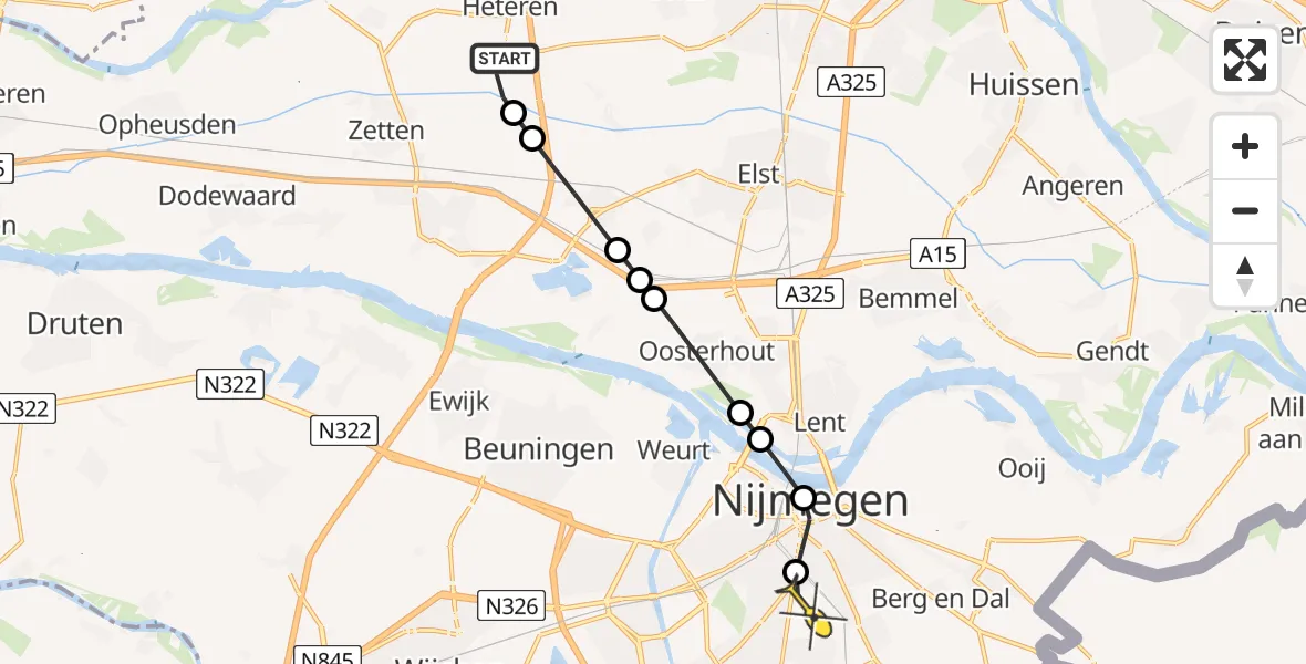 Routekaart van de vlucht: Lifeliner 3 naar Radboud Universitair Medisch Centrum, Weteringsewal