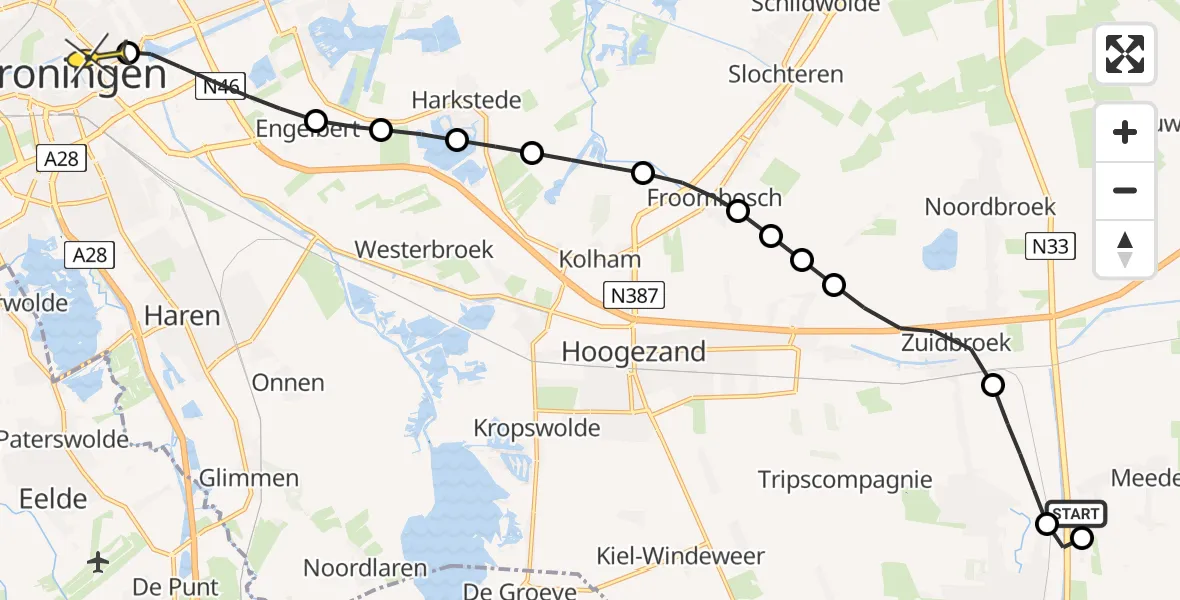 Routekaart van de vlucht: Lifeliner 4 naar Universitair Medisch Centrum Groningen, Spoorhavenweg