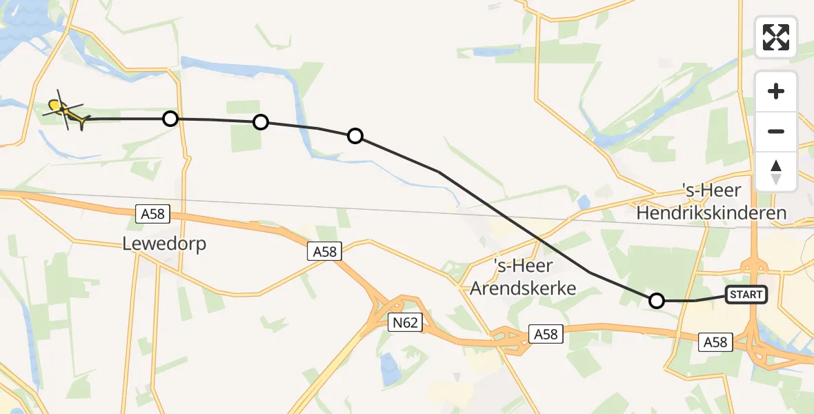 Routekaart van de vlucht: Politiehelikopter naar Vliegveld Midden-Zeeland, Oostweg