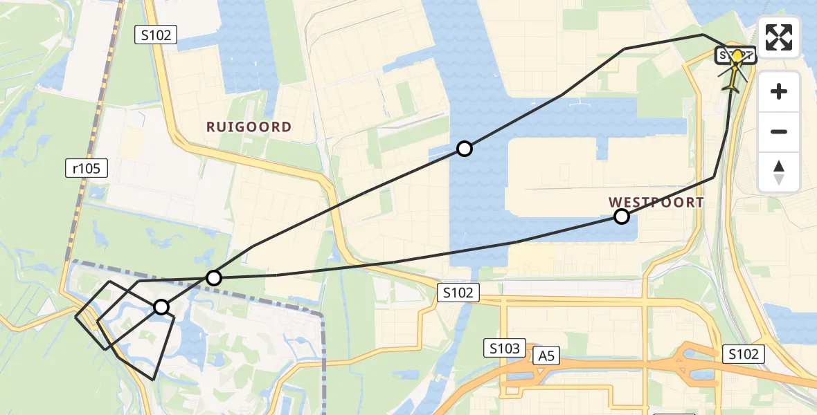 Routekaart van de vlucht: Lifeliner 1 naar Amsterdam Heliport, Hornweg