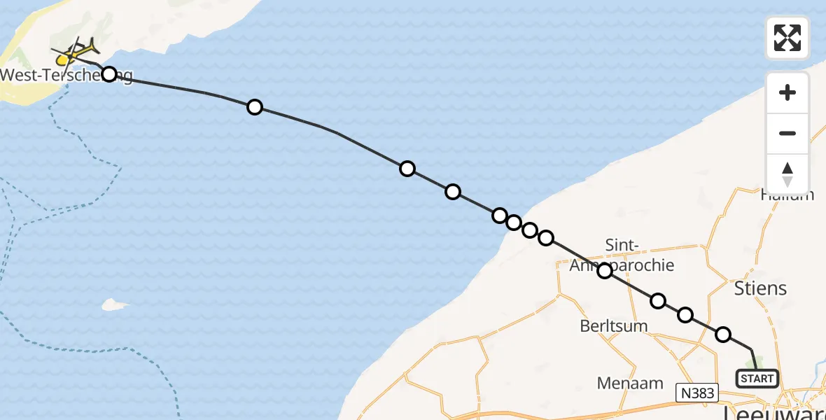 Routekaart van de vlucht: Ambulancehelikopter naar West-Terschelling, Keegsdijkje