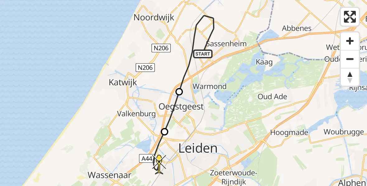 Routekaart van de vlucht: Lifeliner 1 naar Leiden, Prinsenweg