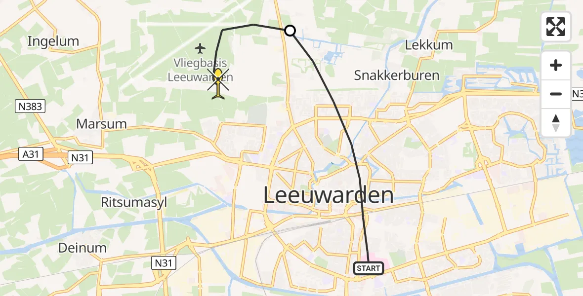 Routekaart van de vlucht: Ambulancehelikopter naar Vliegbasis Leeuwarden, Sixmastraat