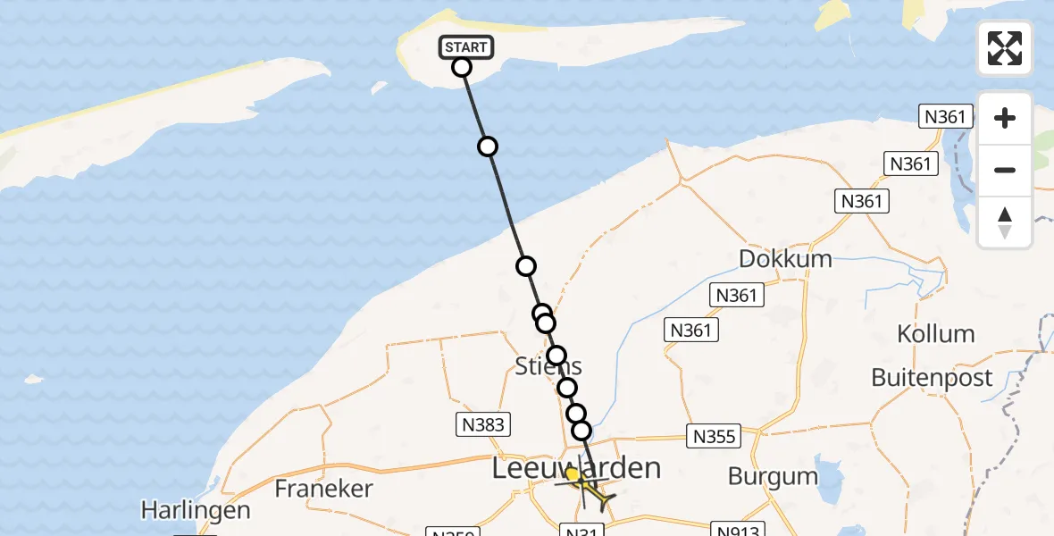 Routekaart van de vlucht: Ambulancehelikopter naar Leeuwarden, Jelmeraweg
