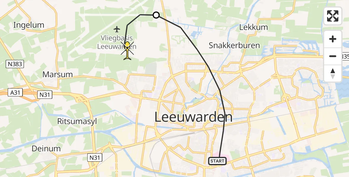 Routekaart van de vlucht: Ambulancehelikopter naar Vliegbasis Leeuwarden, Achter de Hoven