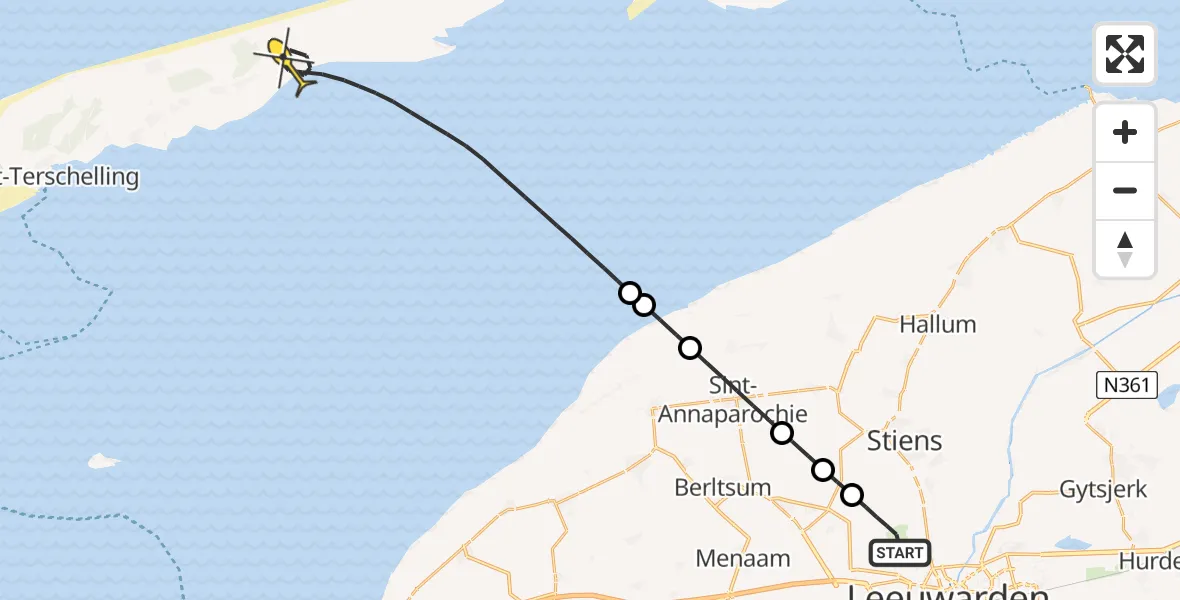 Routekaart van de vlucht: Ambulancehelikopter naar Oosterend, Bitgumerlân