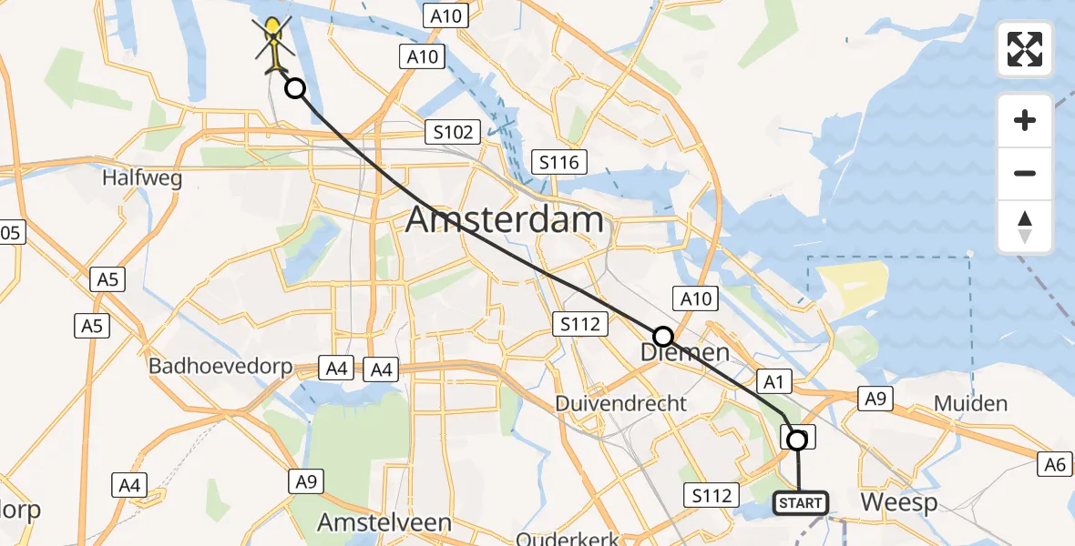 Routekaart van de vlucht: Lifeliner 1 naar Amsterdam Heliport, Diemerbospad
