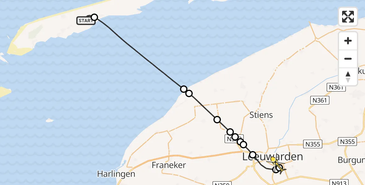 Routekaart van de vlucht: Ambulanceheli naar Leeuwarden, Turfdôbe