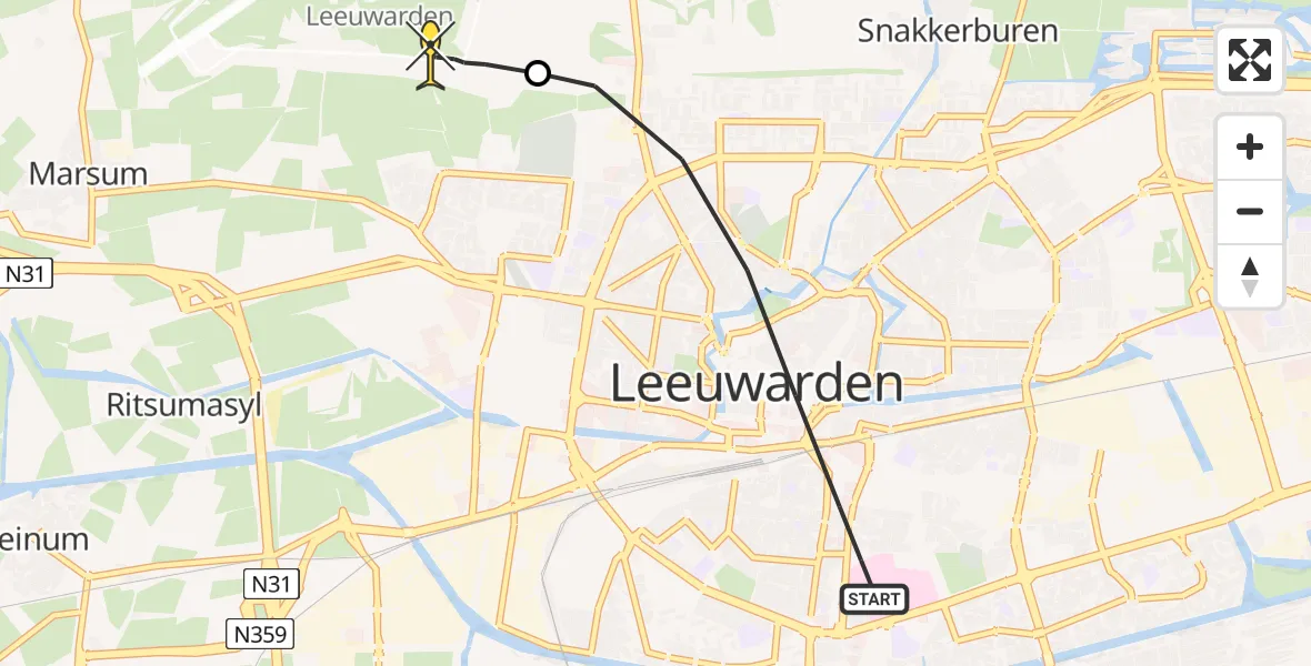 Routekaart van de vlucht: Ambulanceheli naar Vliegbasis Leeuwarden, Zaailand