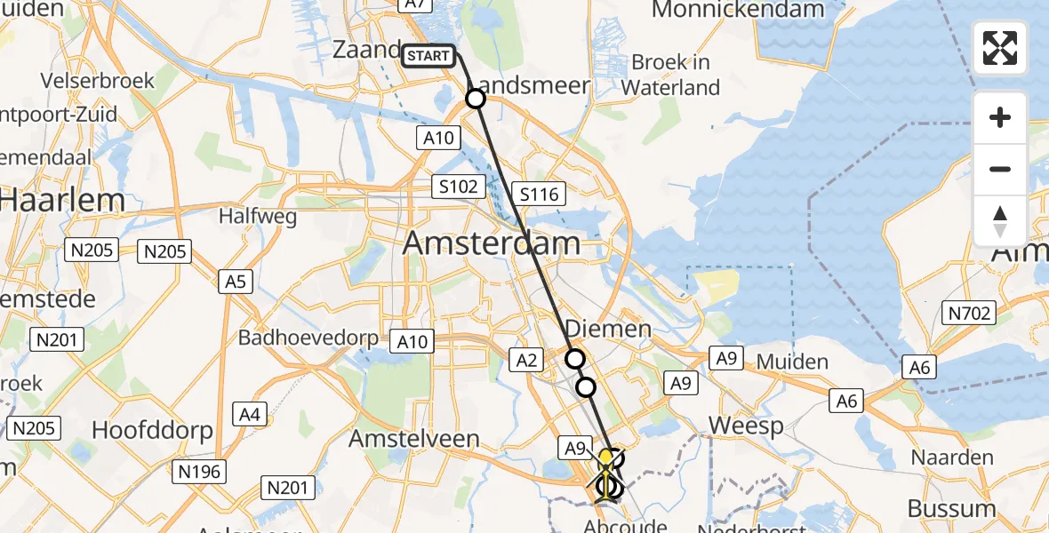 Routekaart van de vlucht: Lifeliner 2 naar Academisch Medisch Centrum (AMC), Roemersloot