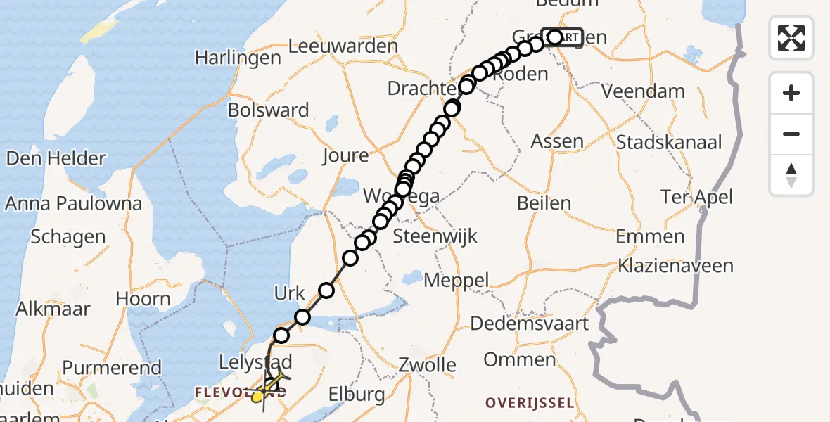 Routekaart van de vlucht: Ambulancehelikopter naar Lelystad Airport, Leeuwarderstraat