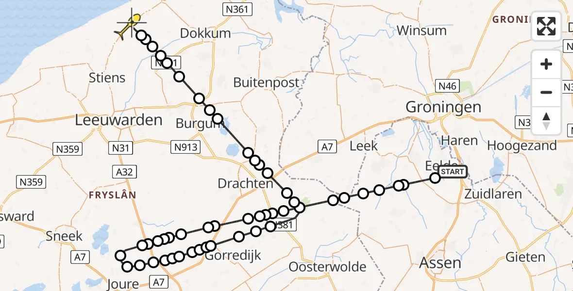 Routekaart van de vlucht: Lifeliner 4 naar Ferwert, Oosterloop