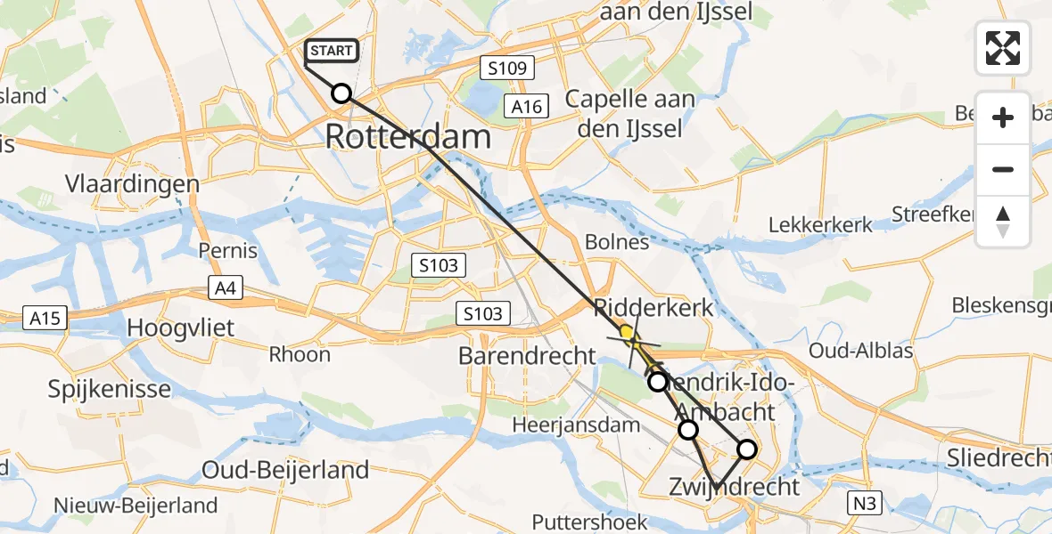Routekaart van de vlucht: Politieheli naar Ridderkerk, Achterdijk