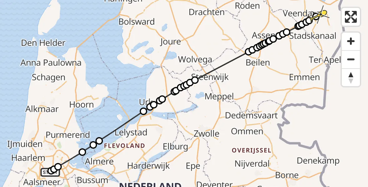Routekaart van de vlucht: Politiehelikopter naar Oude Pekela, Bosbaan