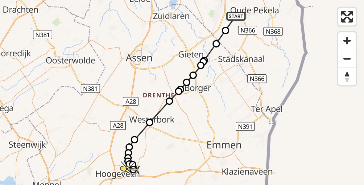 Routekaart van de vlucht: Politiehelikopter naar Vliegveld Hoogeveen, Zonnepark Zuidwending