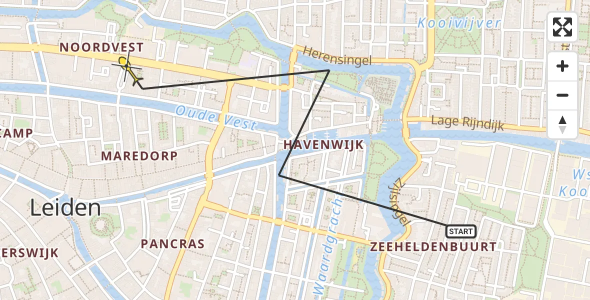 Routekaart van de vlucht: Politieheli naar Leiden, Volmolengracht