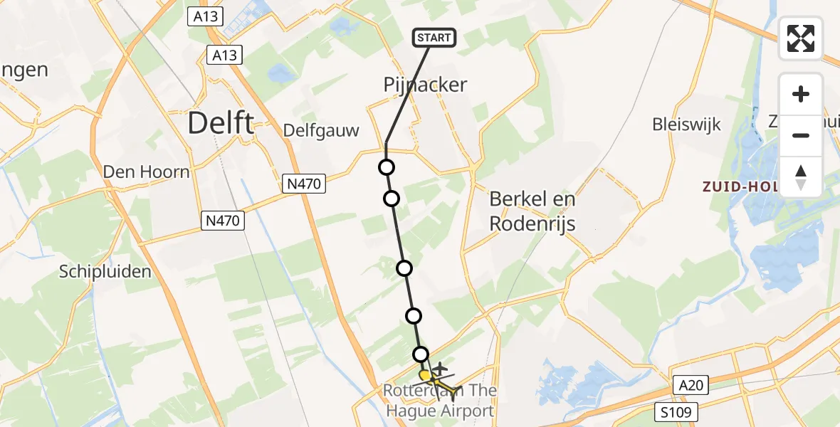 Routekaart van de vlucht: Politiehelikopter naar Rotterdam The Hague Airport, Komkommerweg