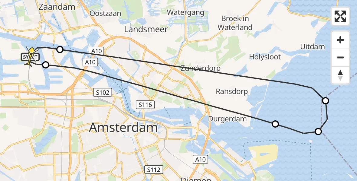 Routekaart van de vlucht: Lifeliner 1 naar Amsterdam Heliport, Hemweg
