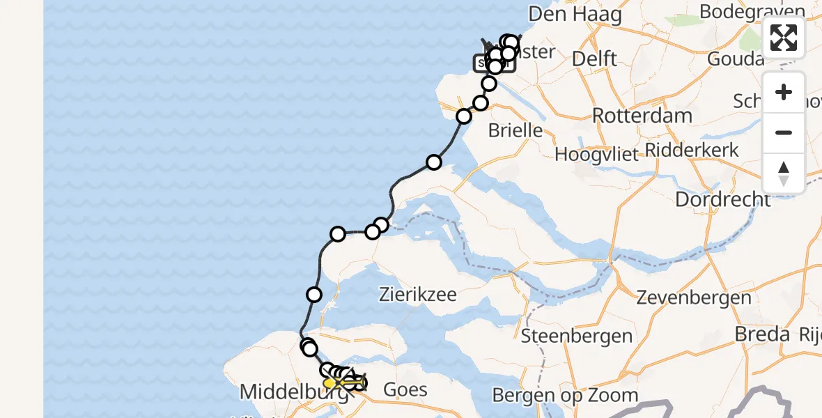 Routekaart van de vlucht: Kustwachthelikopter naar Vliegveld Midden-Zeeland, Strandweg