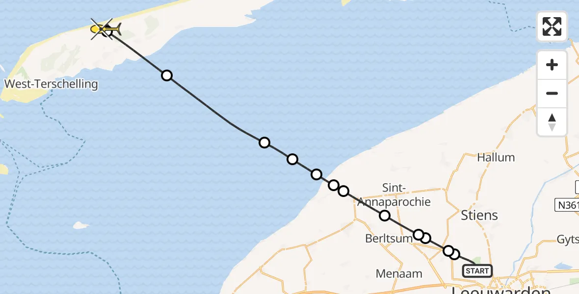 Routekaart van de vlucht: Ambulanceheli naar Midsland, Keegsdijkje