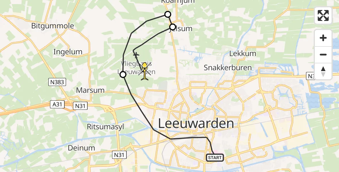 Routekaart van de vlucht: Ambulancehelikopter naar Vliegbasis Leeuwarden, Wijnhornsterstraat