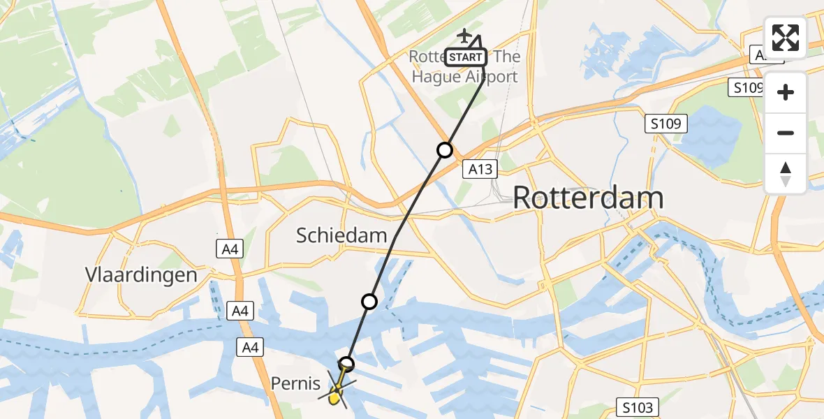 Routekaart van de vlucht: Politiehelikopter naar Pernis, Van der Duijn van Maasdamweg