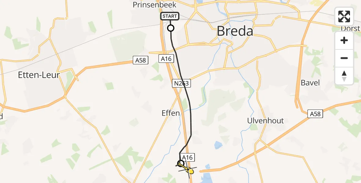 Routekaart van de vlucht: Politieheli naar Breda, IABC