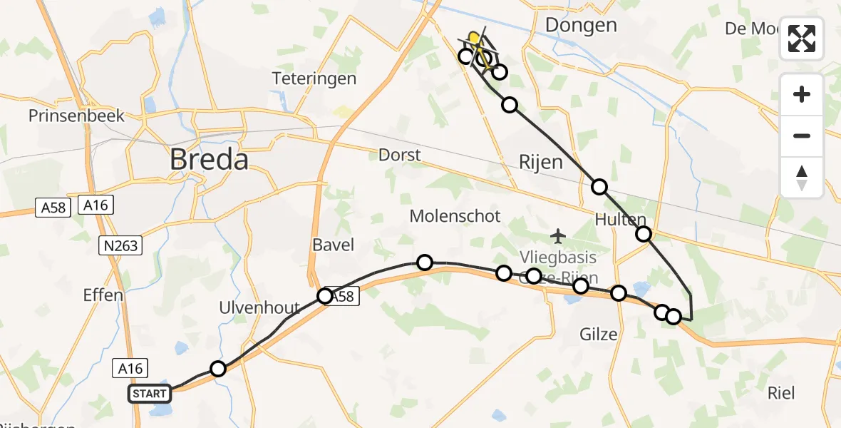 Routekaart van de vlucht: Politiehelikopter naar Oosterhout, Sint Annadreef