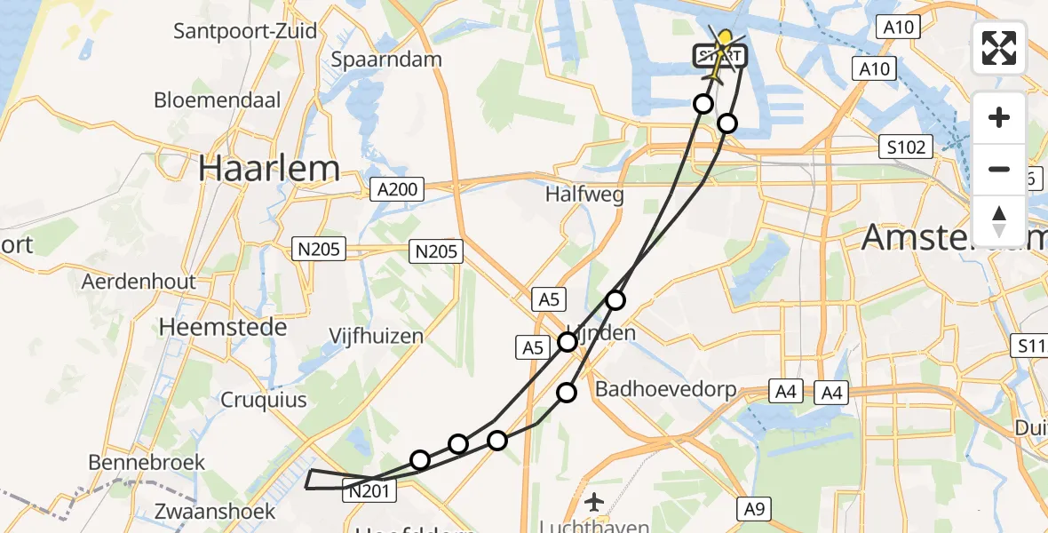 Routekaart van de vlucht: Lifeliner 1 naar Amsterdam Heliport, Corsicaweg
