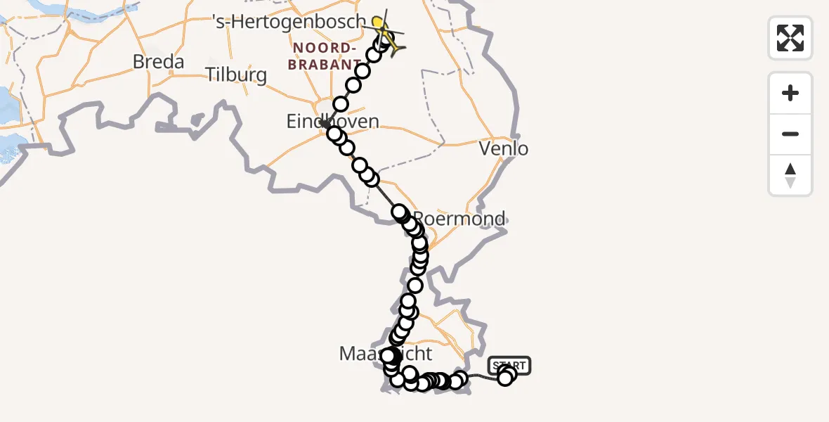 Routekaart van de vlucht: Politieheli naar Vliegbasis Volkel, Zeelandsedijk