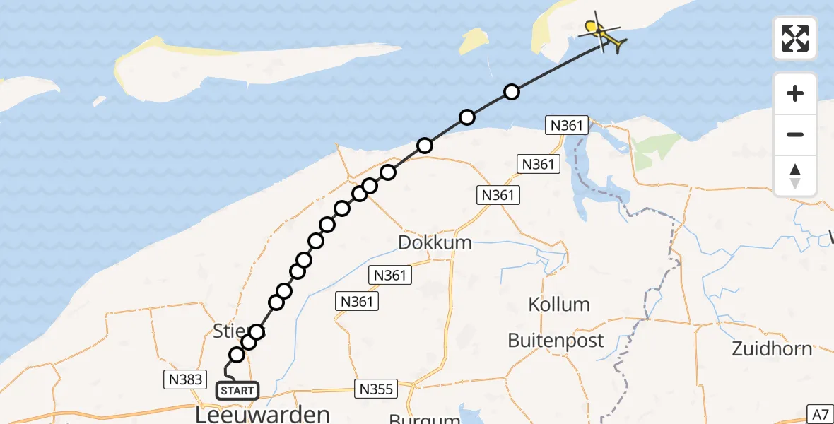 Routekaart van de vlucht: Ambulanceheli naar Schiermonnikoog, Keegsdijkje