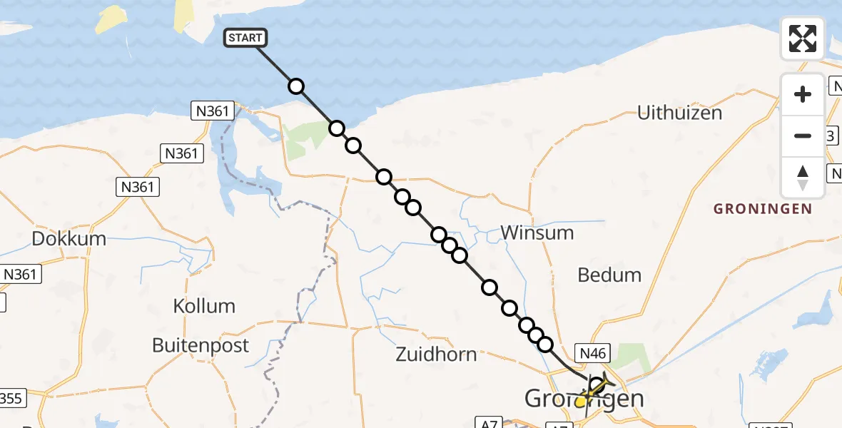 Routekaart van de vlucht: Ambulanceheli naar Universitair Medisch Centrum Groningen, Brakzand