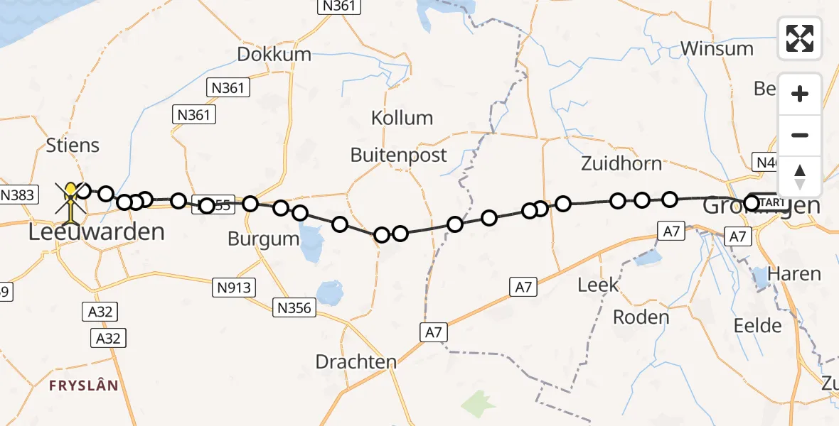 Routekaart van de vlucht: Ambulancehelikopter naar Vliegbasis Leeuwarden, Werfstraat