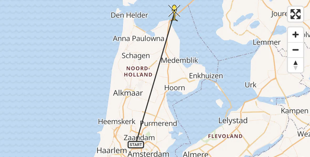 Routekaart van de vlucht: Lifeliner 1 naar Den Oever