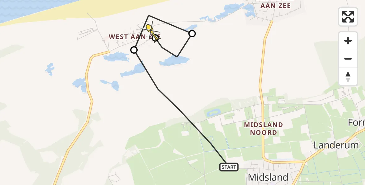 Routekaart van de vlucht: Ambulancehelikopter naar West-Terschelling, Duinweg Midsland