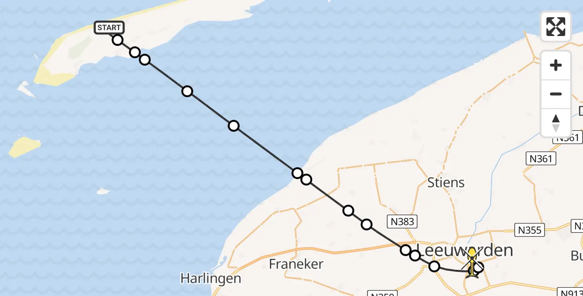 Routekaart van de vlucht: Ambulancehelikopter naar Leeuwarden, West aan Zee