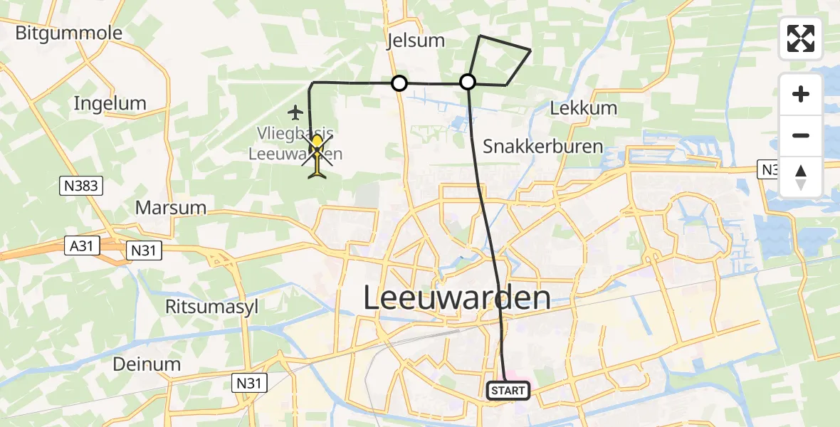 Routekaart van de vlucht: Ambulancehelikopter naar Vliegbasis Leeuwarden, Aldlânsdyk