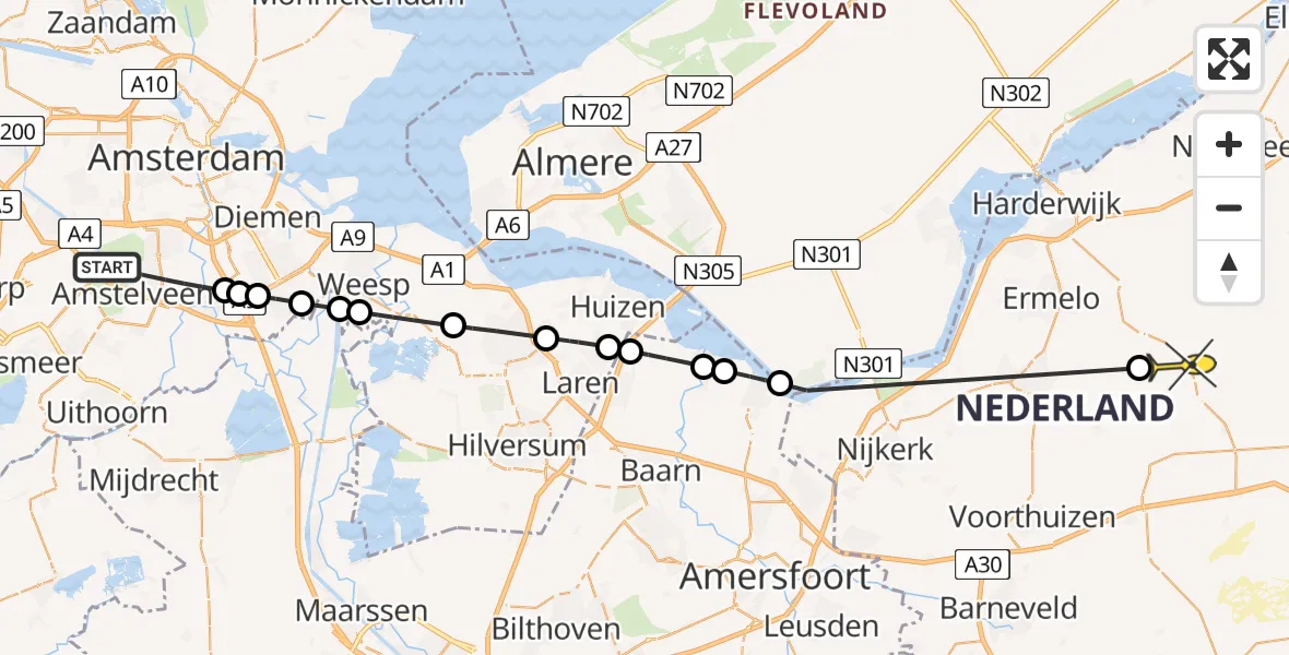 Routekaart van de vlucht: Politieheli naar Ermelo, Amsterdamseweg