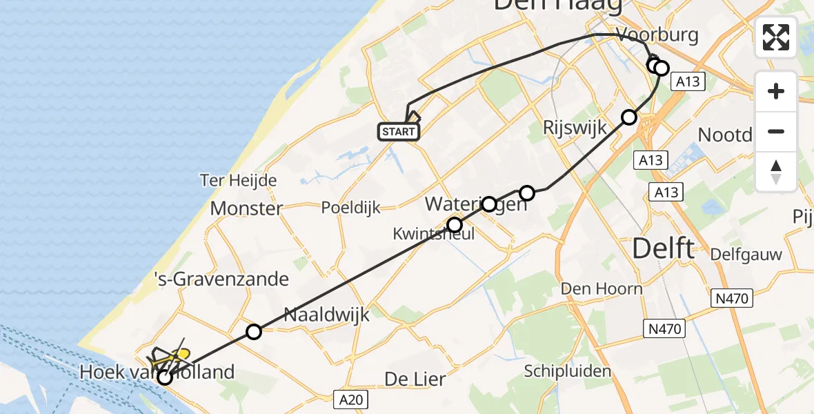 Routekaart van de vlucht: Politieheli naar Hoek van Holland, Jan Romeinstraat