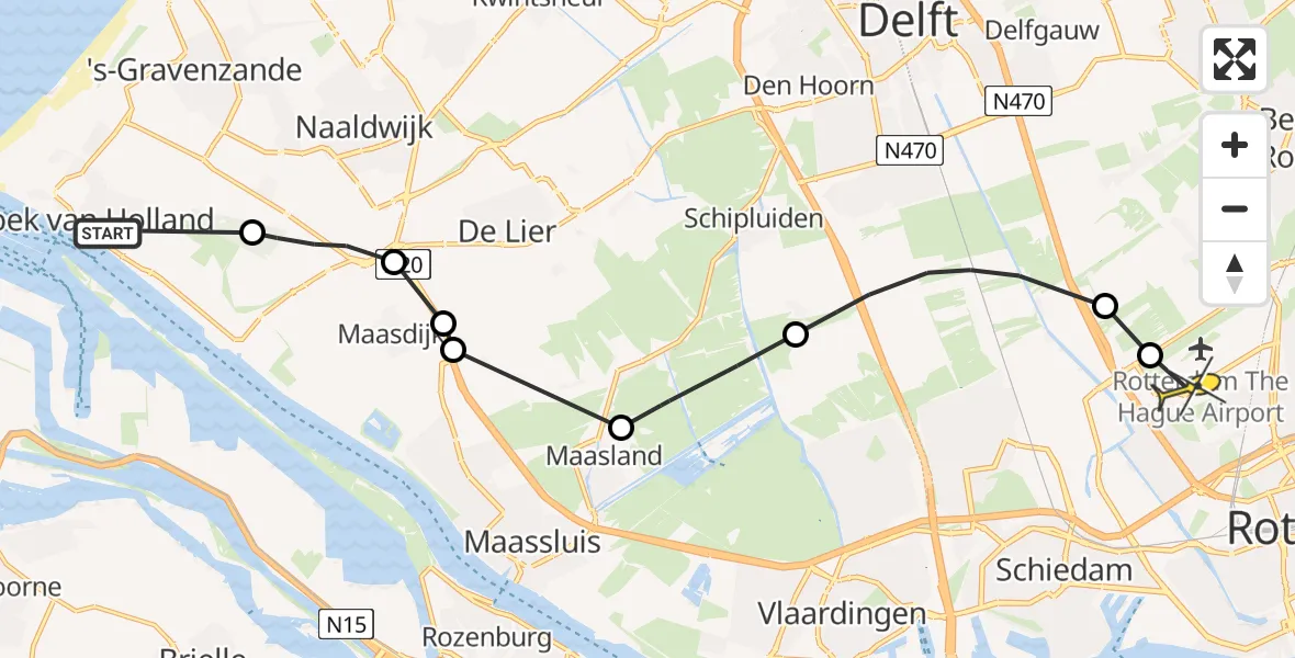 Routekaart van de vlucht: Politieheli naar Rotterdam The Hague Airport, Solleveld & Kapittelduinen