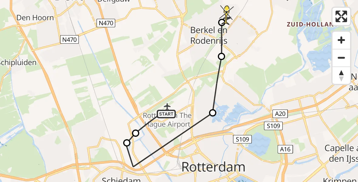 Routekaart van de vlucht: Politiehelikopter naar Berkel en Rodenrijs, Parallelstraat
