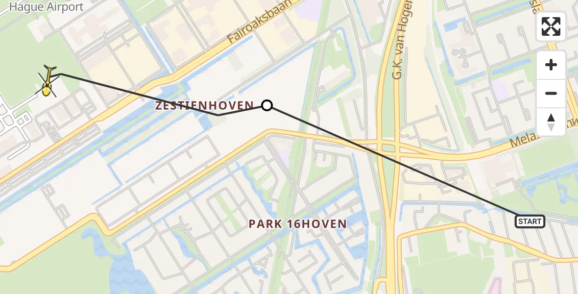 Routekaart van de vlucht: Politiehelikopter naar Rotterdam The Hague Airport, Hof van Maasdam