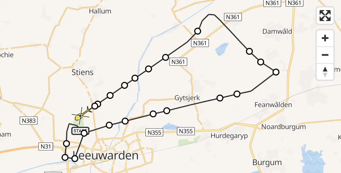 Routekaart van de vlucht: Ambulancehelikopter naar Vliegbasis Leeuwarden, Ljouwerterdyk