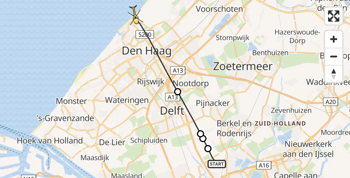 Routekaart van de vlucht: Lifeliner 2 naar Den Haag, Schieveense polder