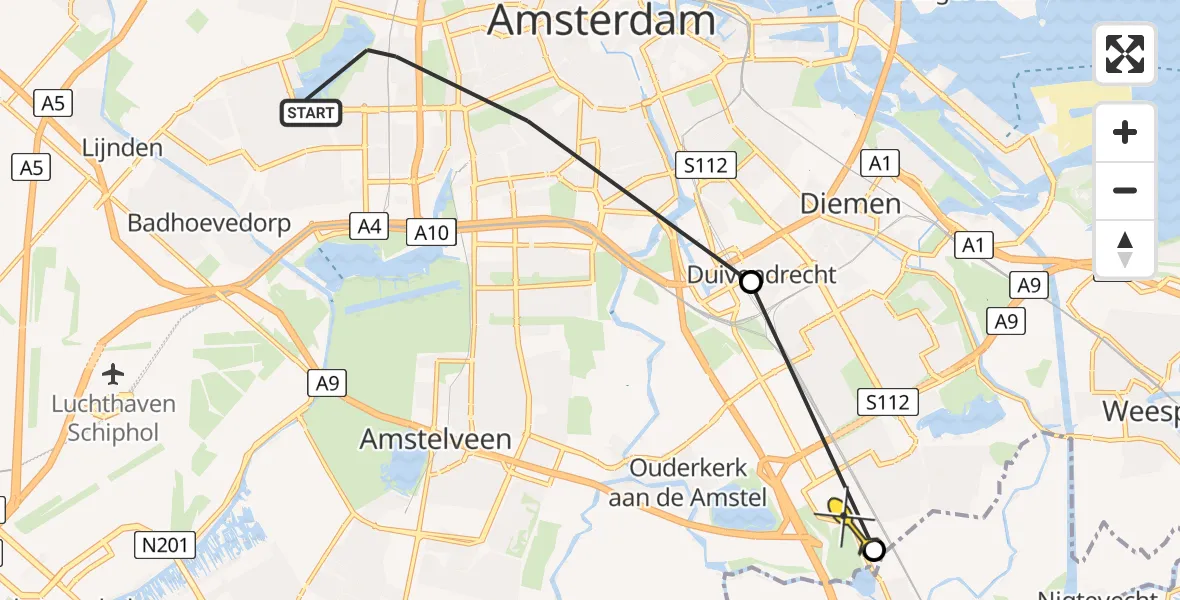 Routekaart van de vlucht: Lifeliner 1 naar Academisch Medisch Centrum (AMC), Oostoever